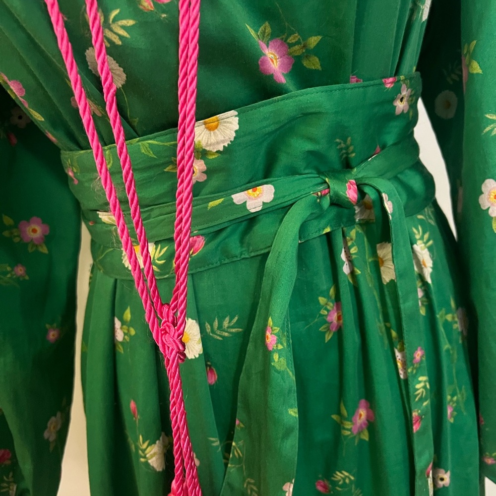 Cynthia Rowley Green Floral Long Sleeve Dress with pink tassels size small - Picture 8 of 9